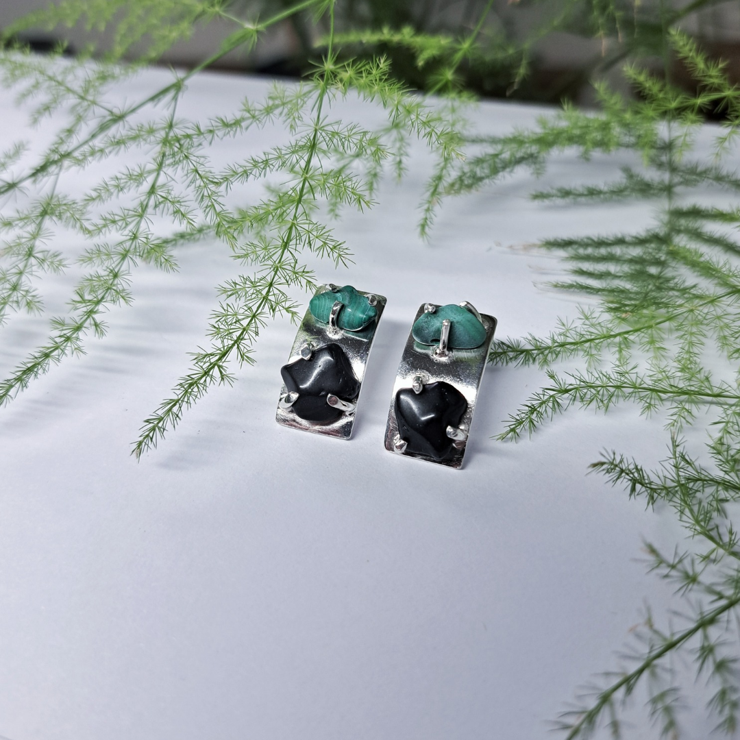Silver Earrings with Malachite and Obsidian