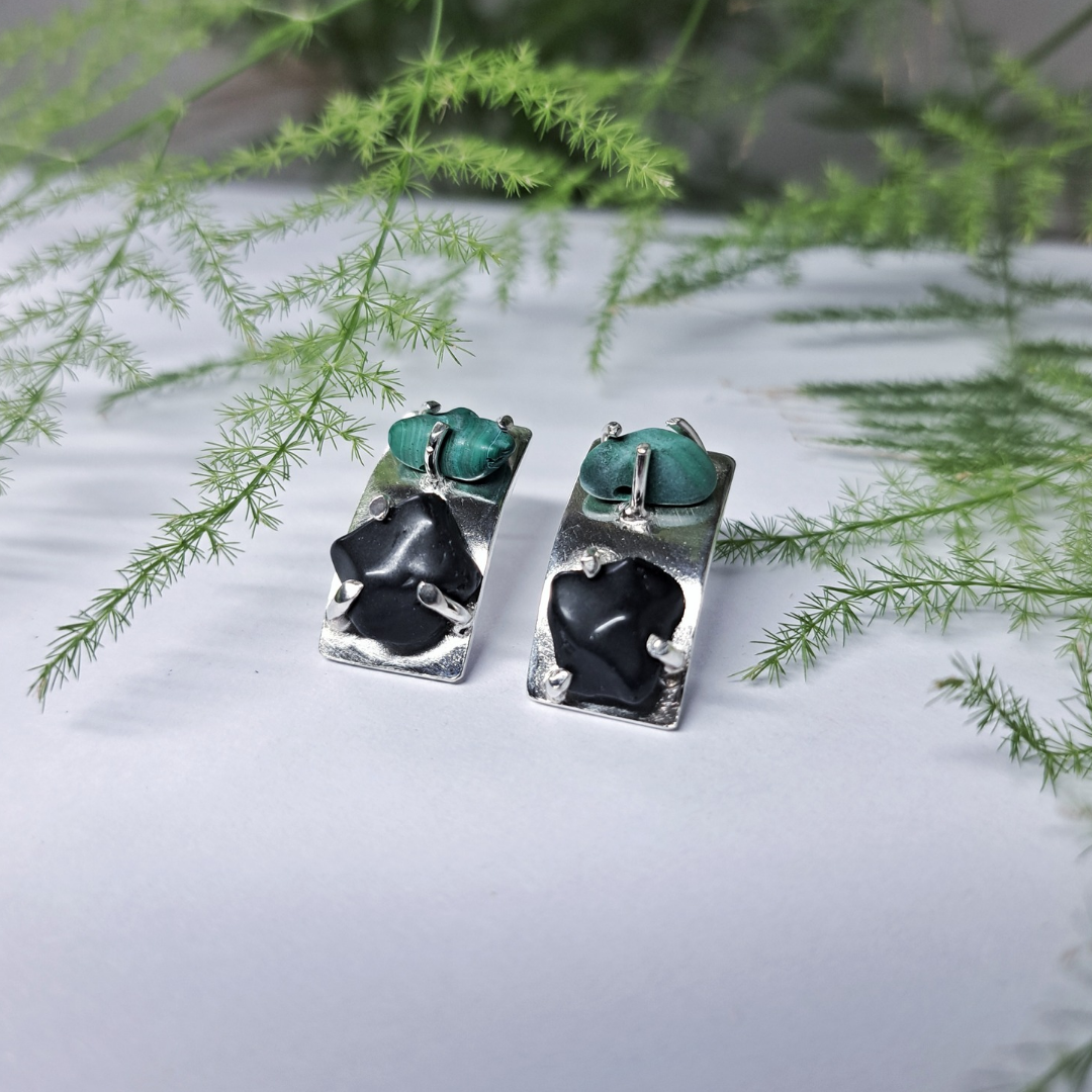 Silver Earrings with Malachite and Obsidian