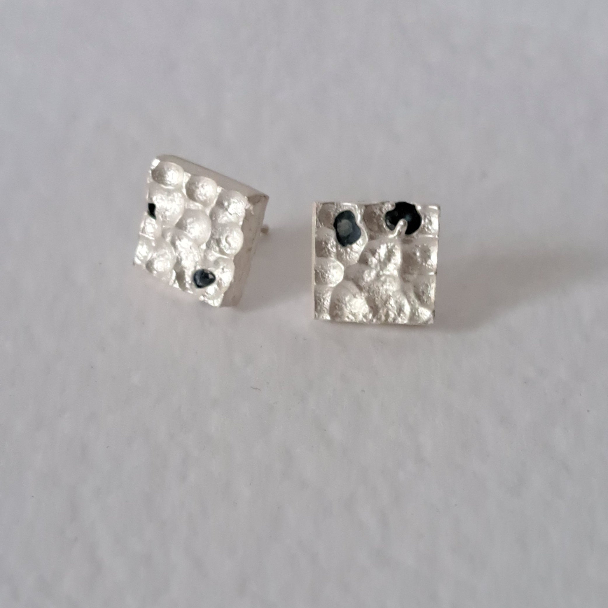 Textured Sterling Silver Stud Earrings with Blue Sapphires