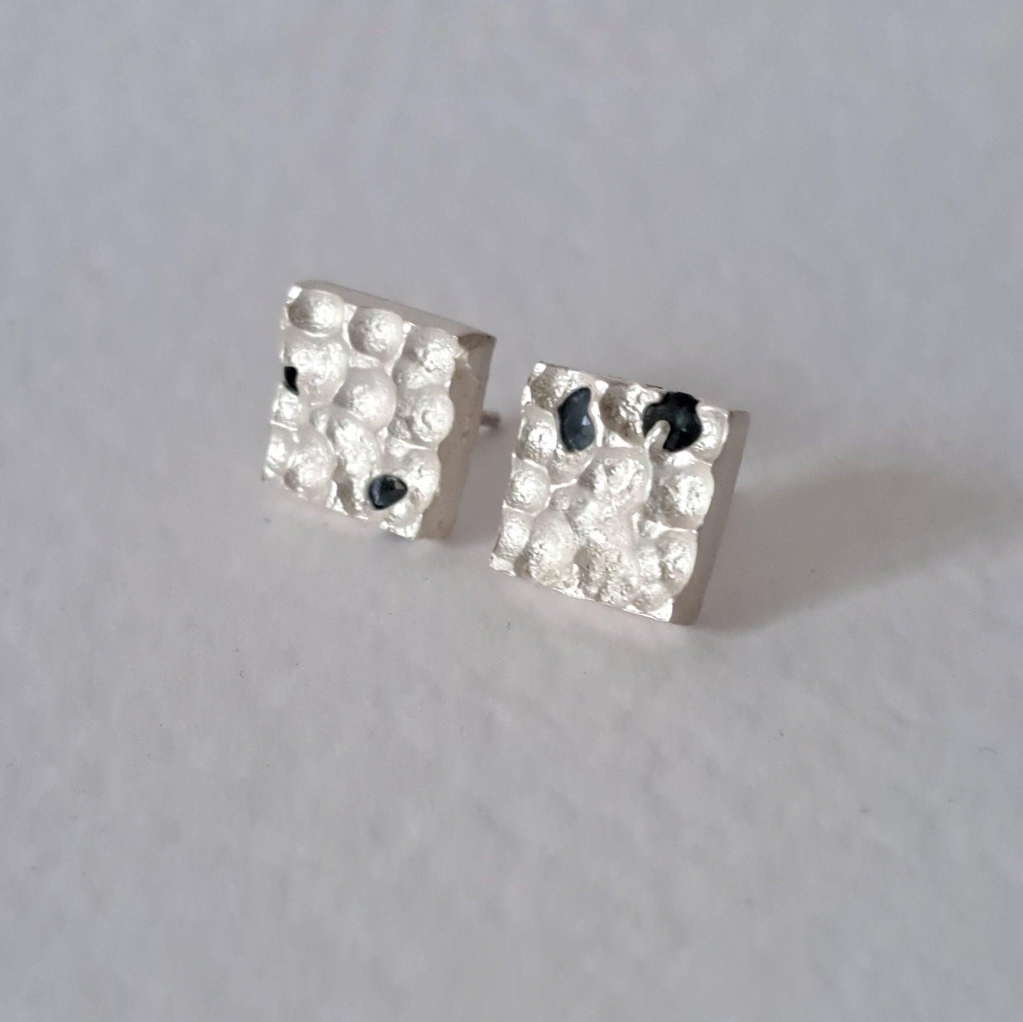 Textured Sterling Silver Stud Earrings with Blue Sapphires