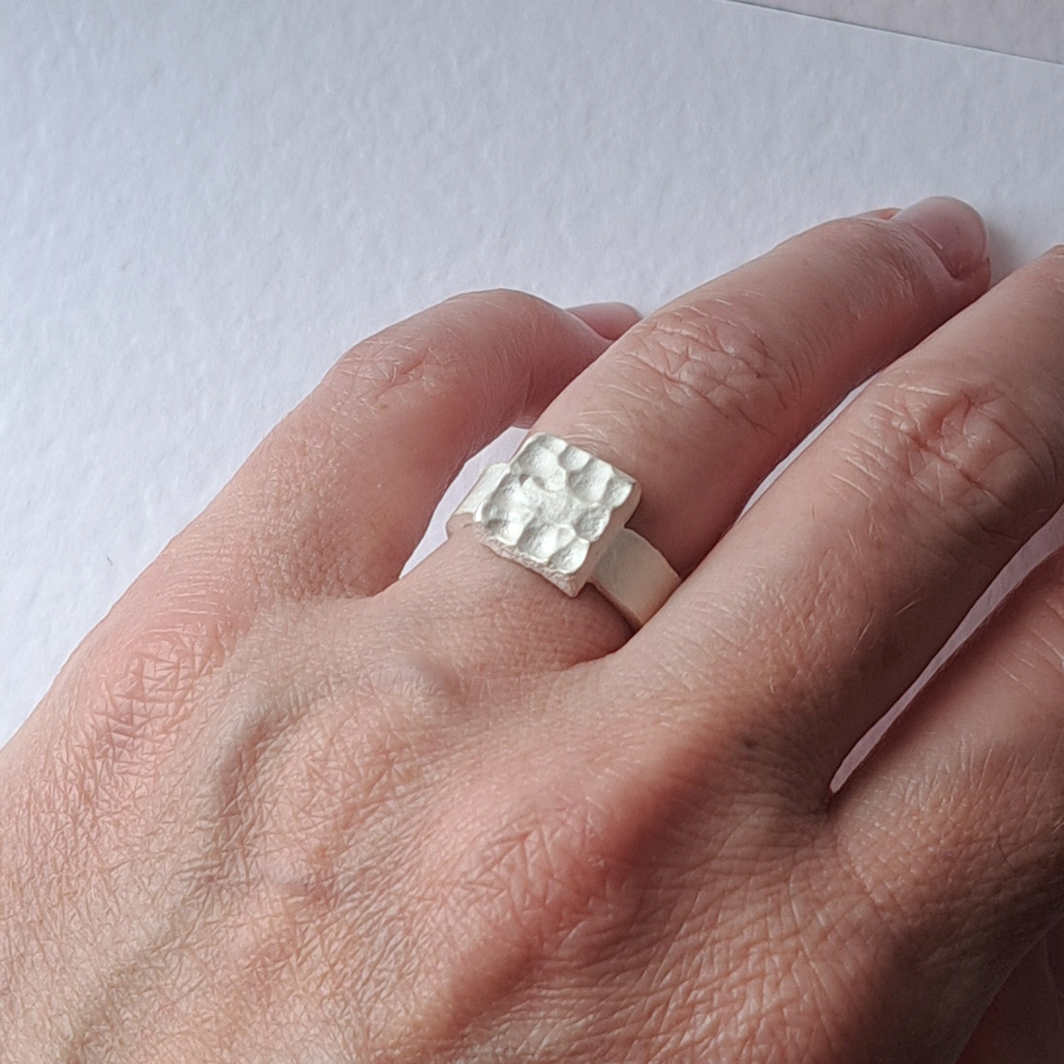 Handmade textured sterling silver ring UK