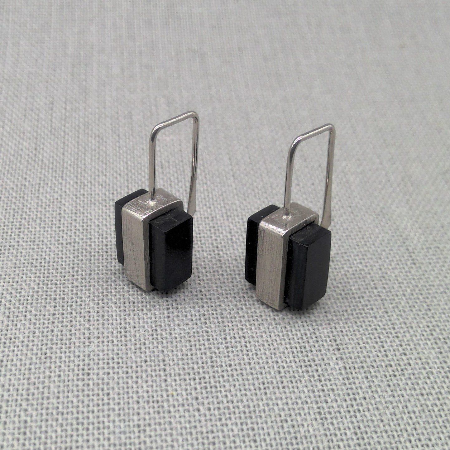 Architectural Perspex and recycled silver drop earrings, full pair view