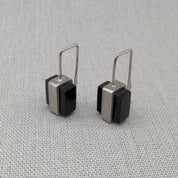 Architectural Perspex and recycled silver drop earrings, full pair view