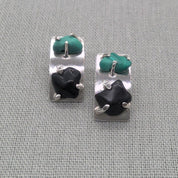 Malachite and obsidian recycled silver earrings, full pair view
