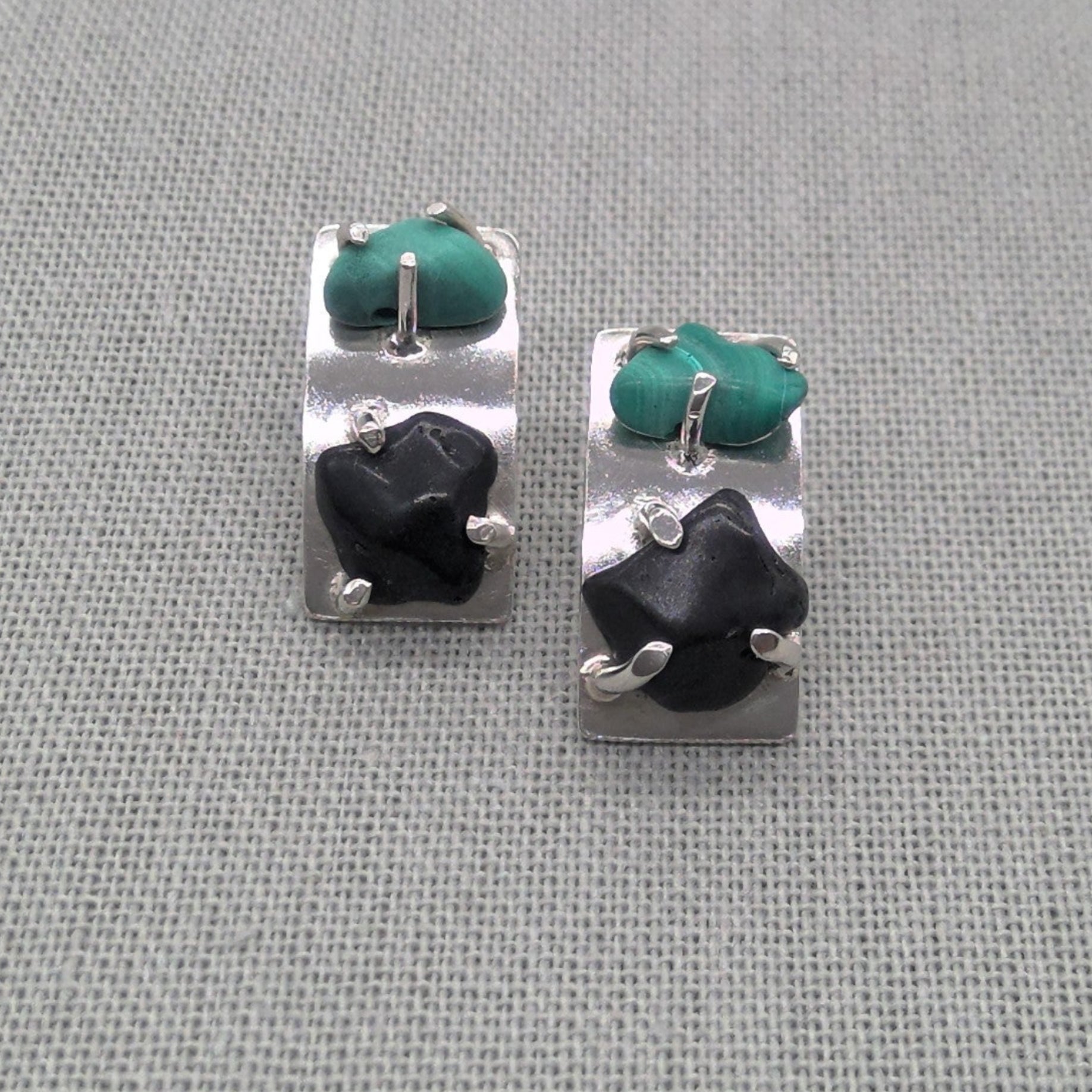 Malachite and obsidian recycled silver earrings, full pair view