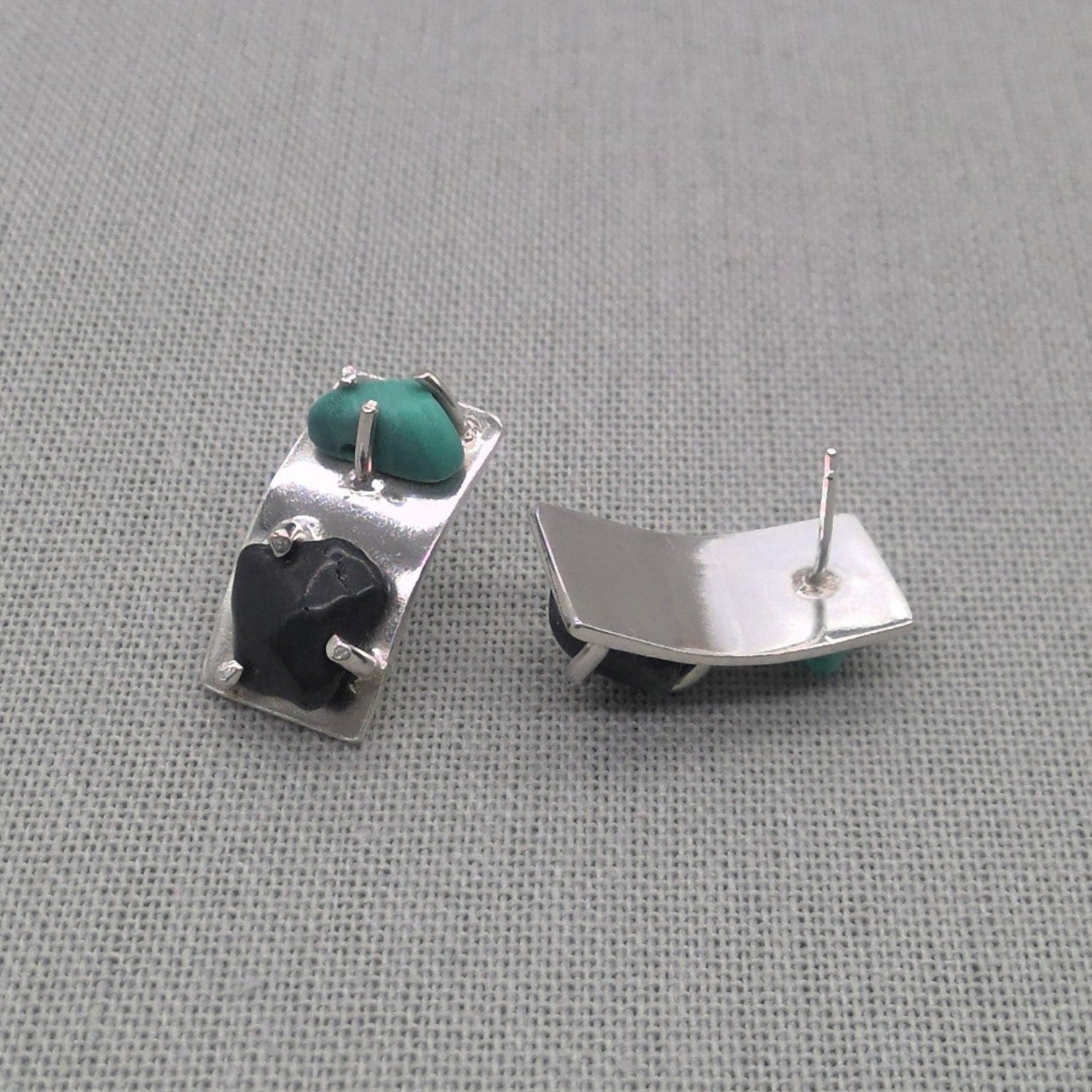 Back detail of malachite and obsidian silver earring setting