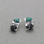 Side view of malachite and obsidian recycled silver earrings