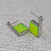 Neon green hammered recycled silver earrings, full pair view