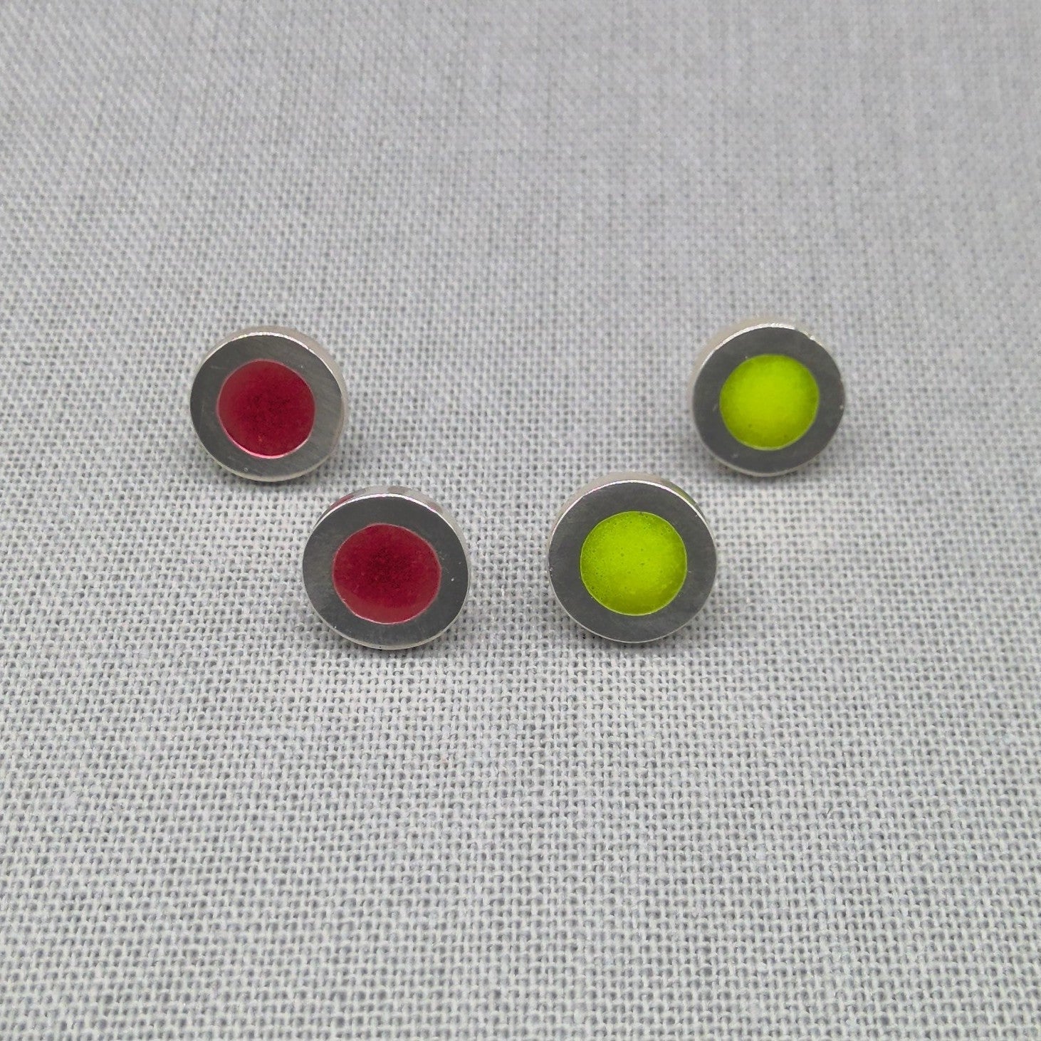 Neon resin recycled silver stud earrings in red and green colourways