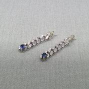 Silver chain link earrings set with natural sapphires