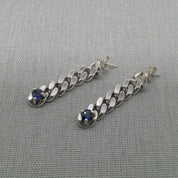 Silver curb chain drop earrings with sapphire stones