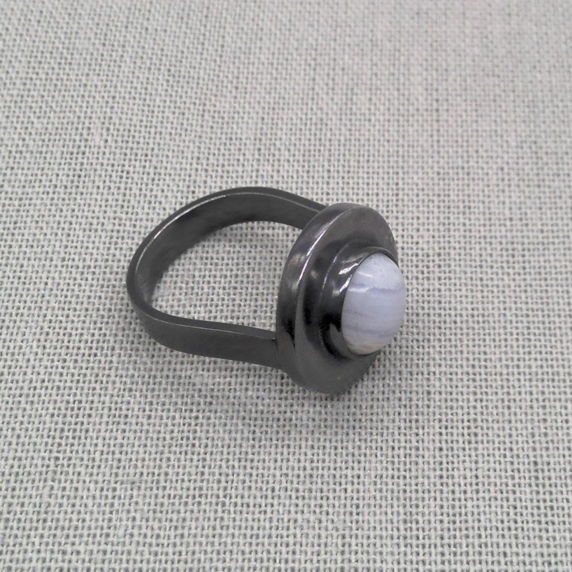 Oxidised blue lace agate recycled silver ring, full view