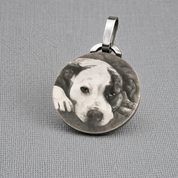 Personalised recycled silver pendant engraved with pet photo on fabric