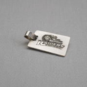 Personalised recycled silver dog tag pendant with custom engraving on fabric
