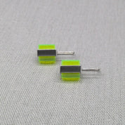 Two-tone neon Perspex recycled silver stud earrings, full pair view